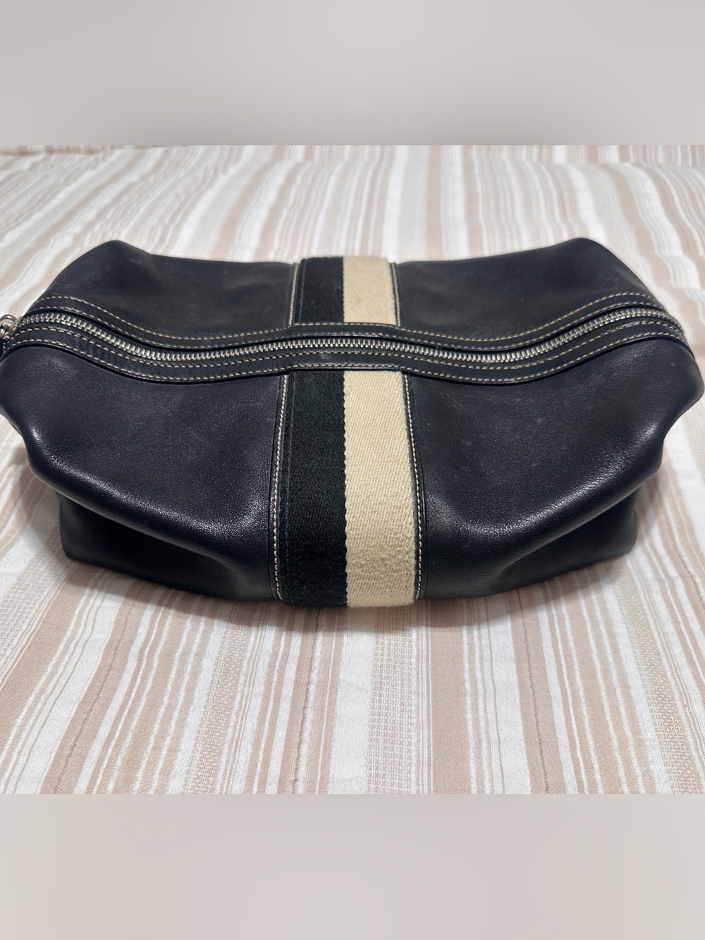 Coach Black Leather Men’s Dopp Kit with Cream Center Stripe